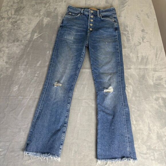 7 For All Mankind Luxe Vintage Ultra High Rise 26 Slim Kick Distressed Button - Picture 2 of 16